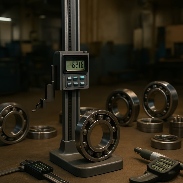 Professional quality testing setup in an Indian factory featuring digital measurement tools and precision bearings.