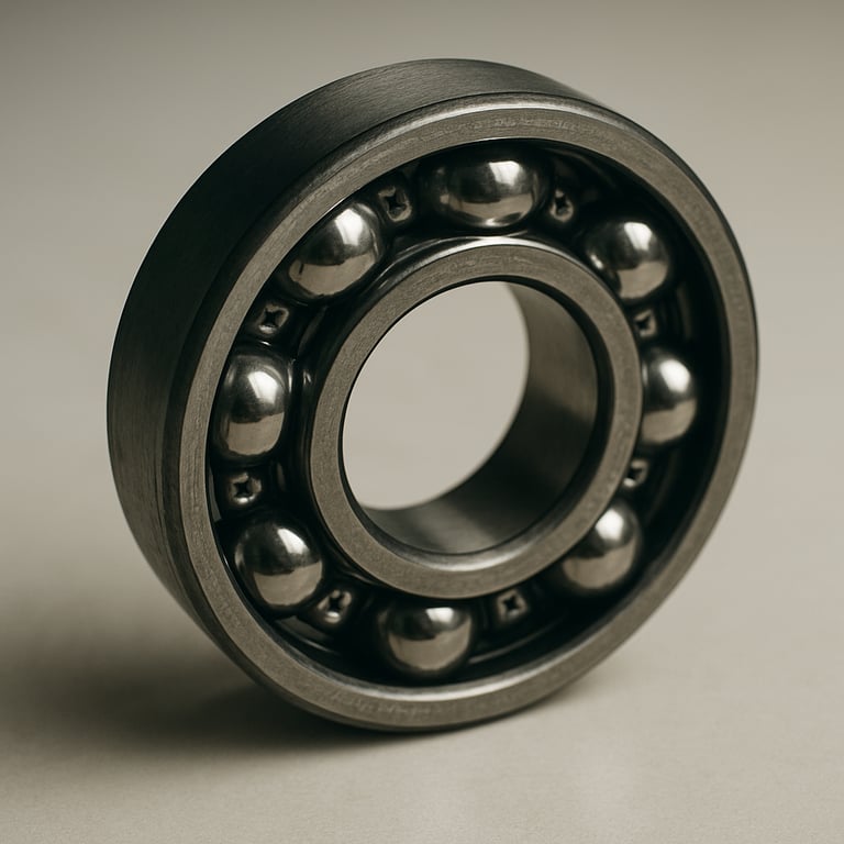 Macro photograph of a 6201 ball bearing on a smooth off-white surface, sharp focus on the precision steel balls.