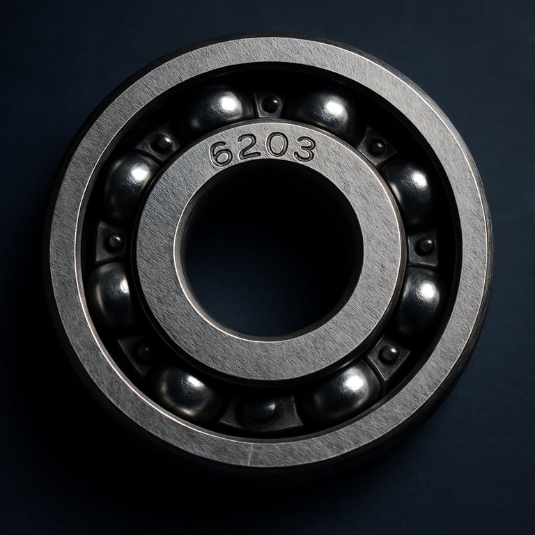 A 6203 industrial ball bearing showing technical model engravings on the steel ring, dark blue background.