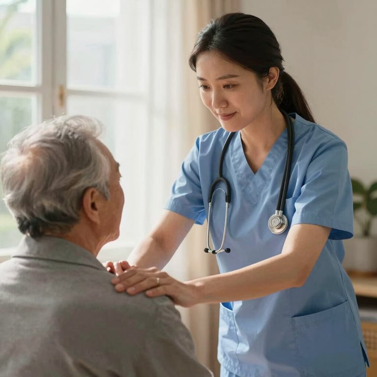 A friendly home health aide assisting an elderly person with gentle physical therapy exercises in a sunny room.