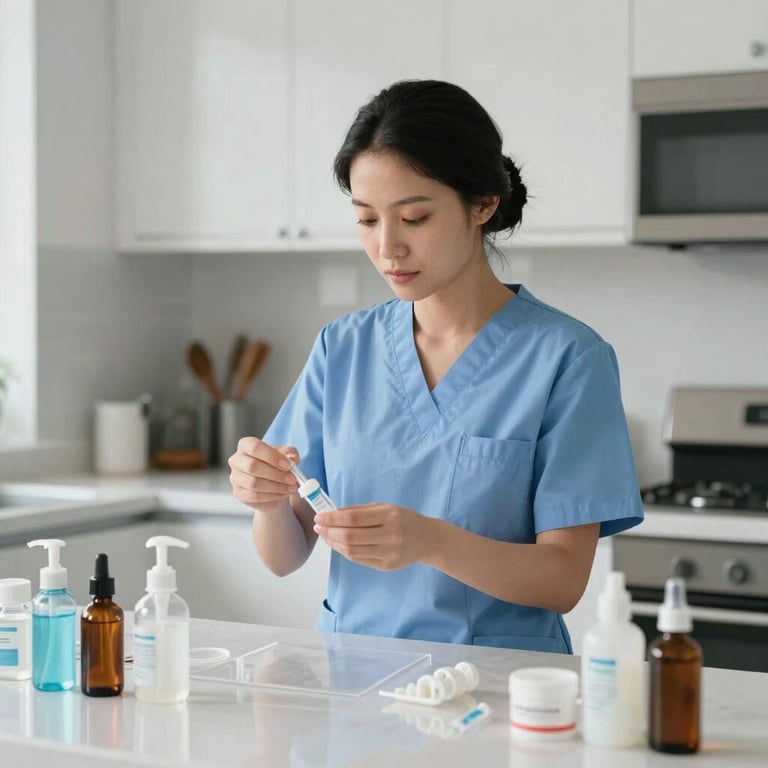 A North American nurse carefully preparing medical supplies in a bright, modern home kitchen setting.