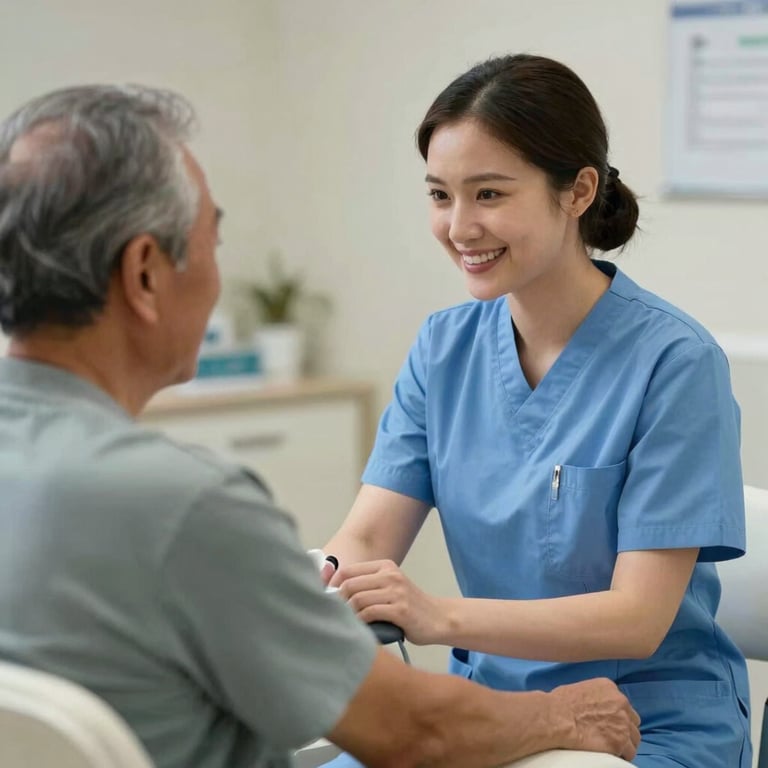 A dedicated nurse checking a patient's pulse while smiling, capturing a moment of trust and reliability.