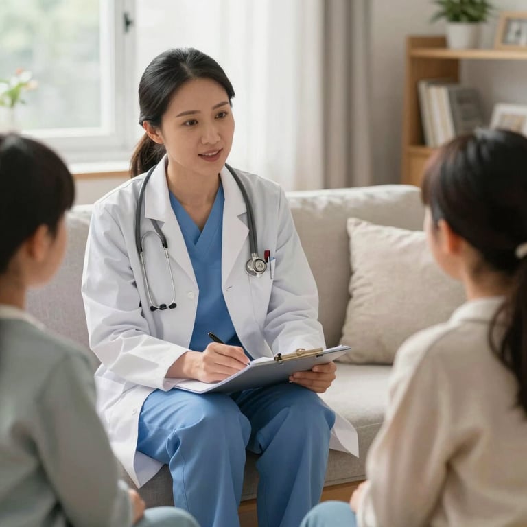 A professional medical consultant discussing a care plan with a family in a comfortable North American living room.