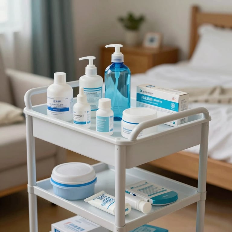 A clean, organized medical cart with nursing supplies situated in a cozy residential bedroom.