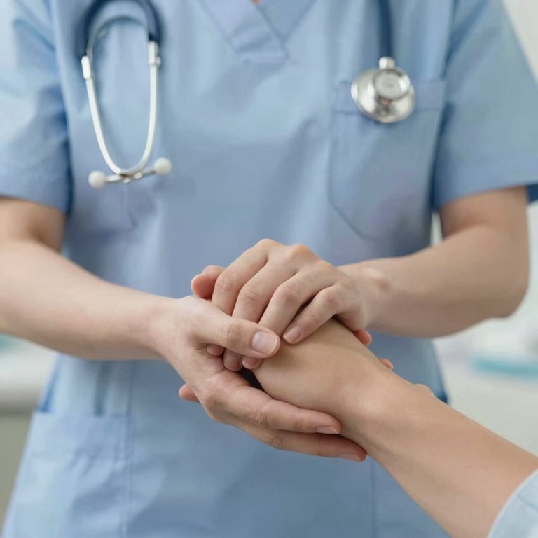 A close-up of a nurse's hands holding a patient's hand with compassion, soft blue and white tones.
