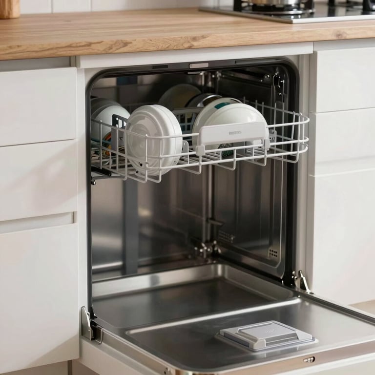 Detail of a newly installed, sleek white dishwasher in a modern kitchen with soft lighting.