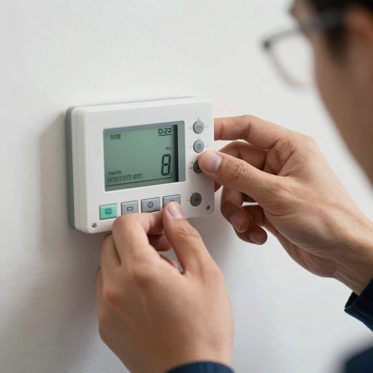 Close-up of a technician's hand adjusting a digital thermostat on a white wall.