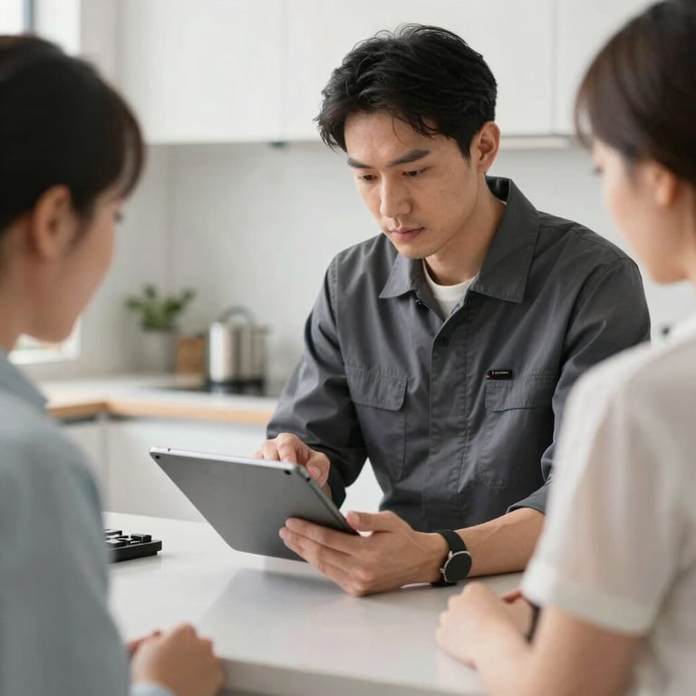 A technician explaining a repair report on a tablet to a customer in a bright kitchen setting.