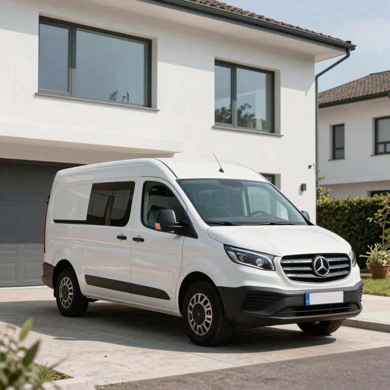 A clean service van parked outside a bright, modern European house with a minimalist facade.