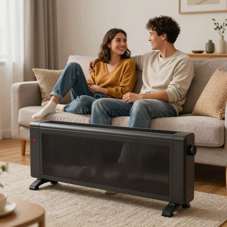 A happy couple relaxing in a warm, Scandinavian-style living room with a running heater in winter.