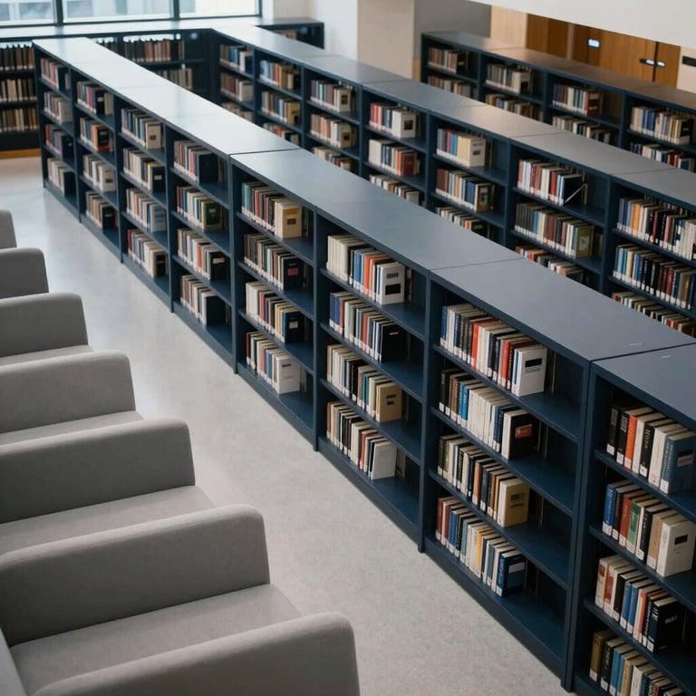 A high-angle photograph of a quiet, modern corporate library or research center in a North American / US institution, featuring dark navy shelves and light gray seating.