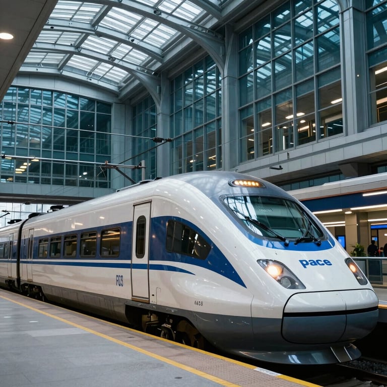 A photograph of a modern train station in a North American / US metropolitan area, representing pace and efficiency, with blue-toned glass and steel architecture.