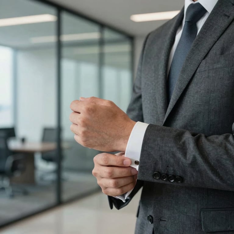 A close-up photograph of a professional in a tailored charcoal suit adjusting their cufflink in a sleek, glass-walled office in North American / US.