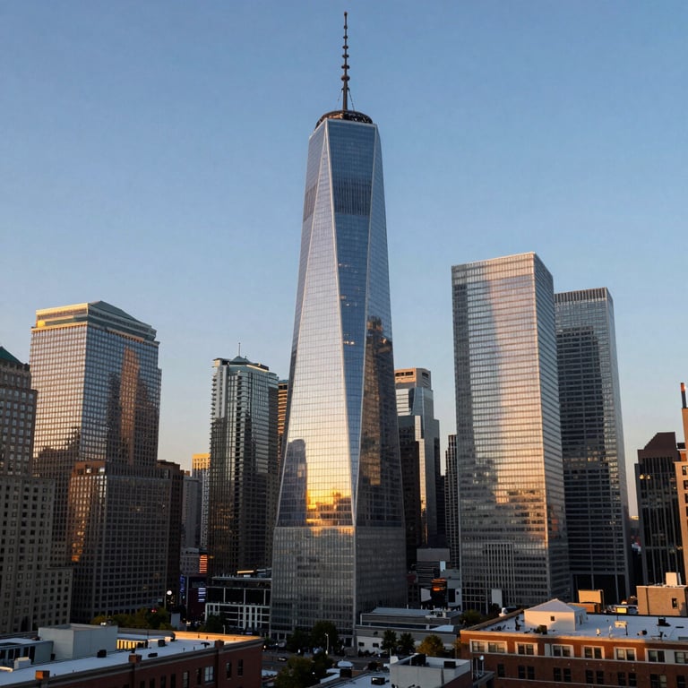 A wide-view photograph of the modern financial district skyline in a North American / US city during the golden hour, with sunlight reflecting off glass skyscrapers.