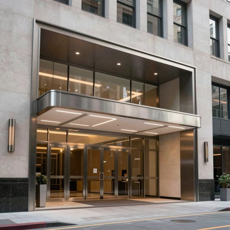 A crisp photograph of a high-tech lobby entrance in a North American / US financial hub, with clean lines, metallic accents, and soft overhead lighting.
