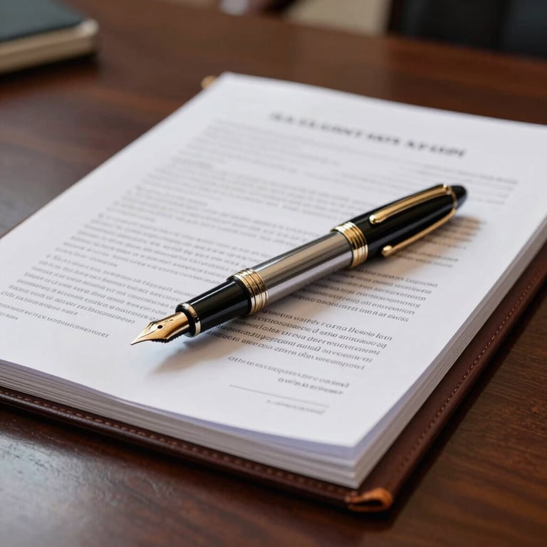 A detailed shot of a high-end fountain pen resting on top of a leather-bound financial report on a dark polished table in a North American / US boardroom.