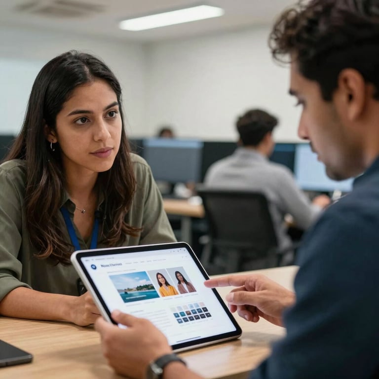 Photography of two professionals in a Latin American tech hub discussing a website project on a sleek white tablet.