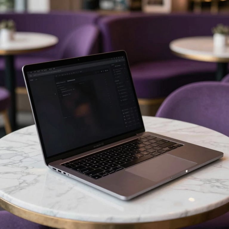 Photography of a high-end laptop on a white marble table in a stylish modern cafe with purple accents in the background.