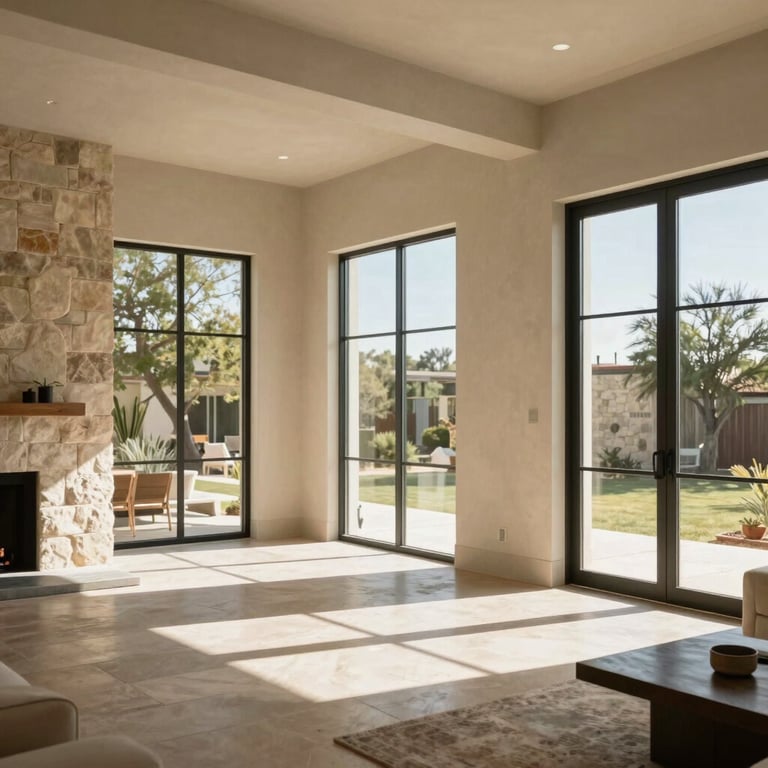 Sun-drenched modern West Texas home interior, clean lines, warm limestone walls, natural light pouring through large windows.