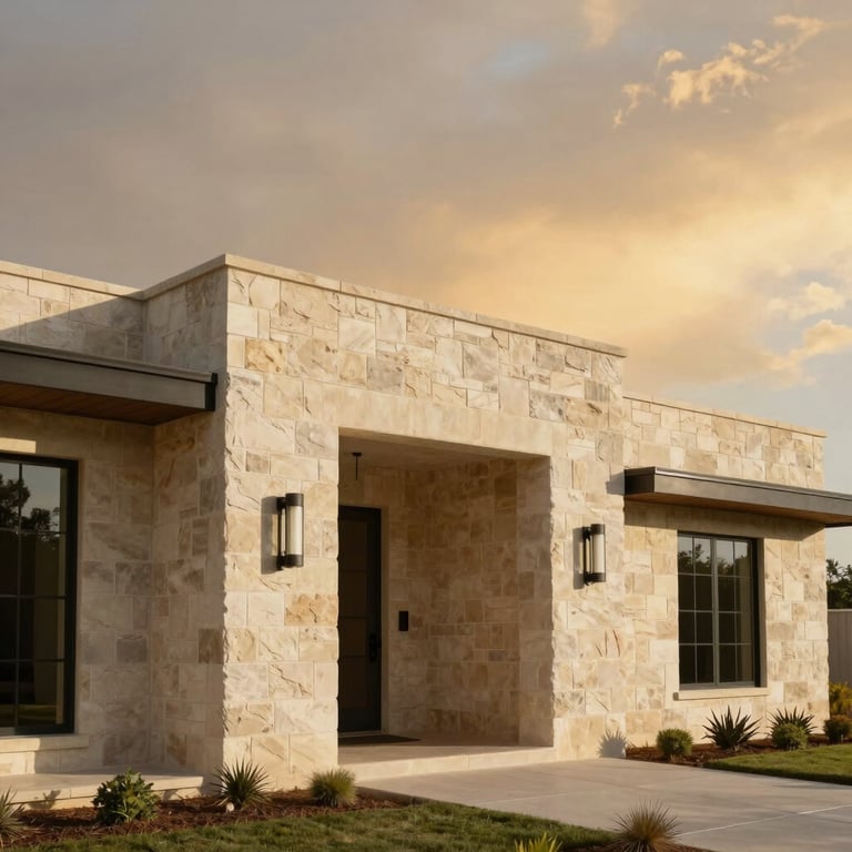 Sun-drenched West Texas architectural details, clean lines of a modern limestone home exterior under expansive warm sky.