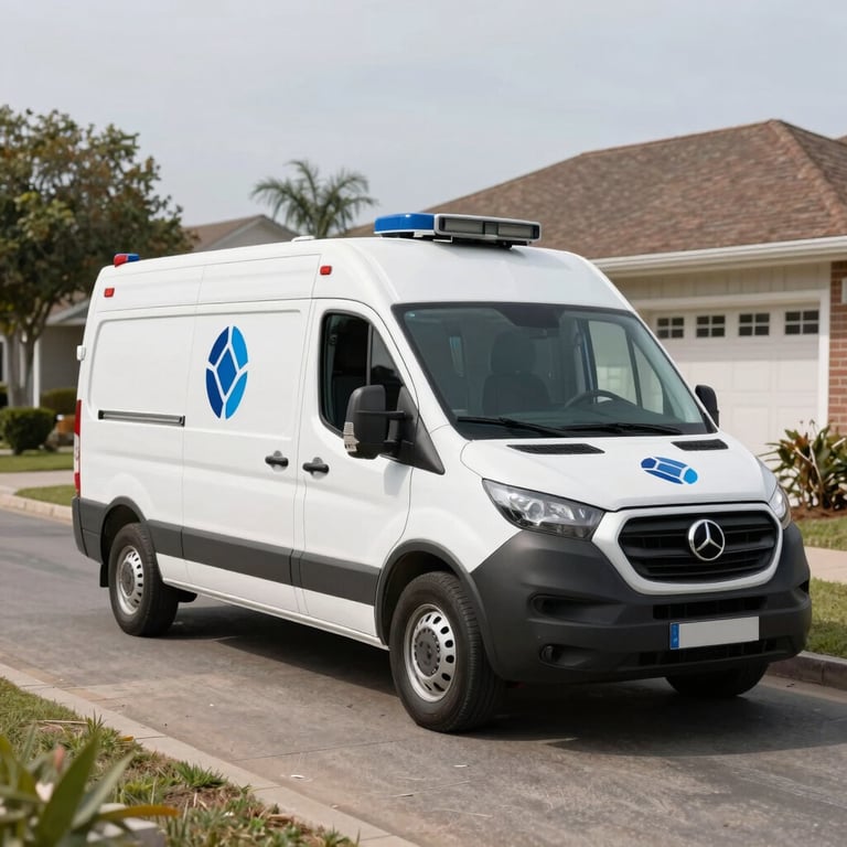 A mobile medical service vehicle with a professional logo parked in a clean, quiet neighborhood.