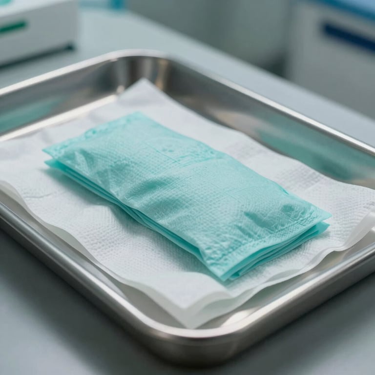 A close-up of a sterile medical tray with high-quality dressings and Soft Aqua accents.