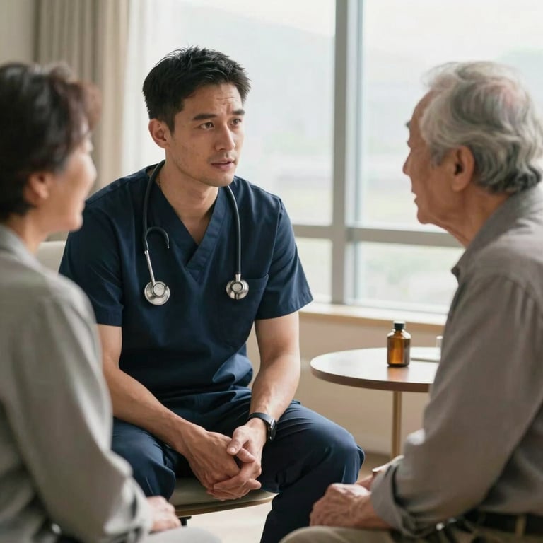 A clinician in a Navy Blue uniform sitting and talking empathetically with an elderly patient in a sunlit room.