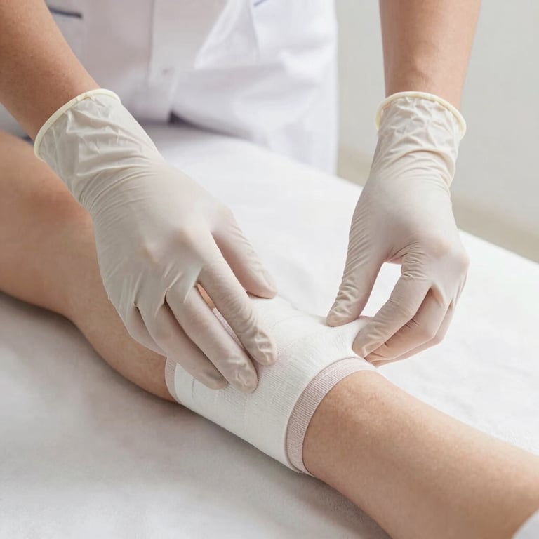 A specialist's hands wearing clean gloves gently applying a soft bandage to a patient's leg, Pearl White background.