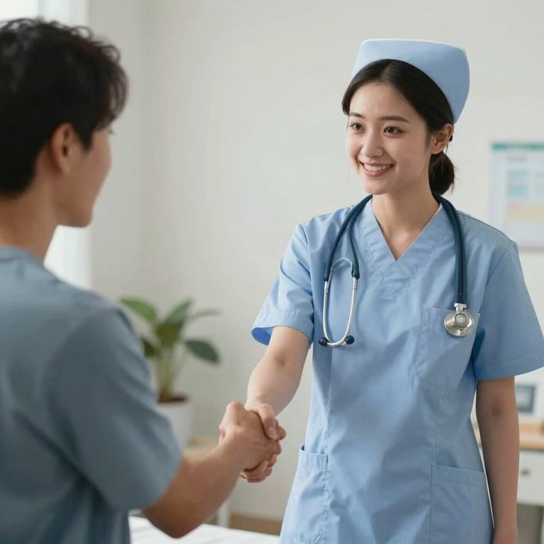 A warm, professional handshake between a nurse and a patient, symbolizing trust and successful care.