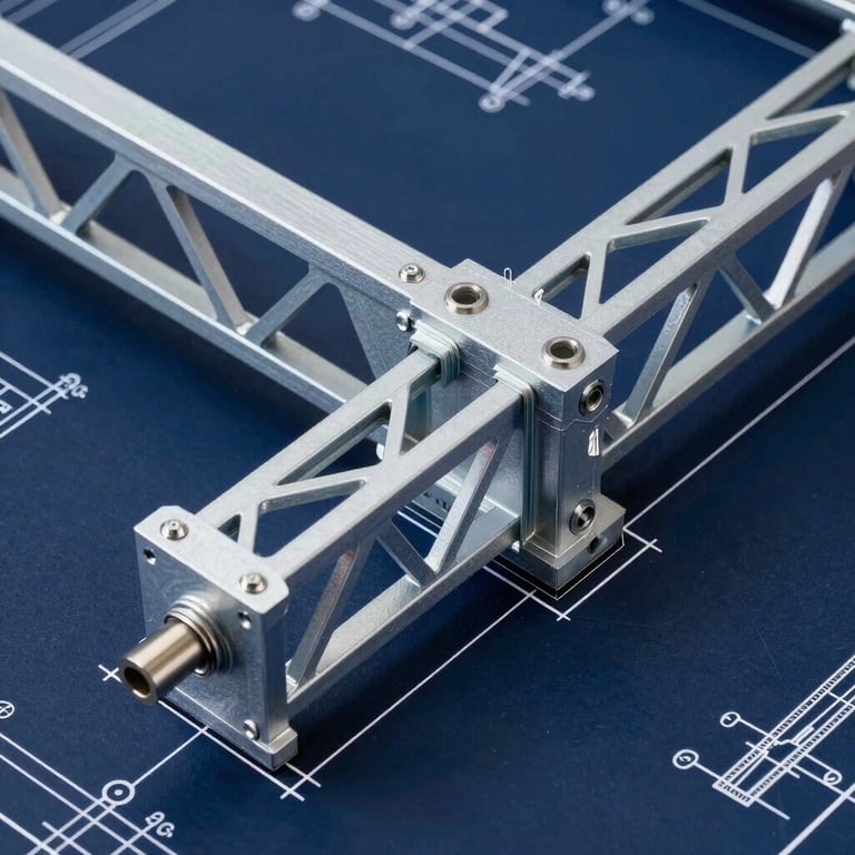 Technical blueprint showing orthographic projection of a heavy steel truss connection with clear white lines on a deep navy background, precise engineering drawing.
