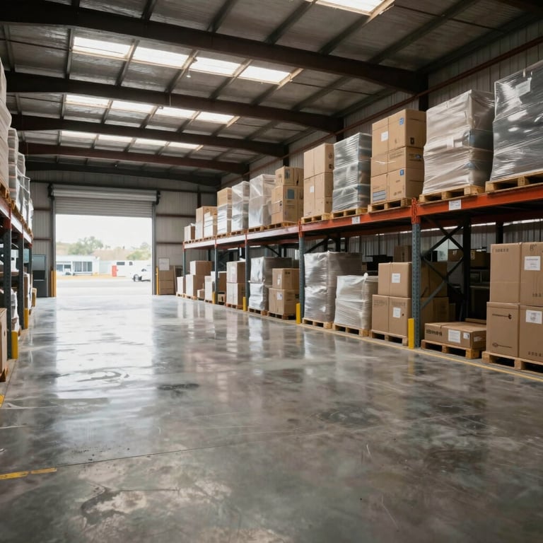 Interior of a vast North American / US warehouse with high-gloss floors after a professional deep clean.