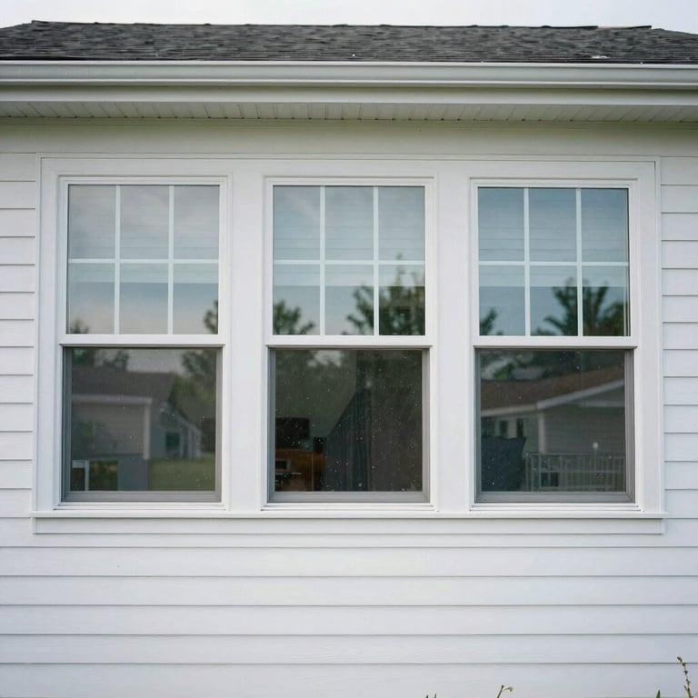 A freshly washed North American / US suburban home with gleaming Mist White vinyl siding and spotless windows.