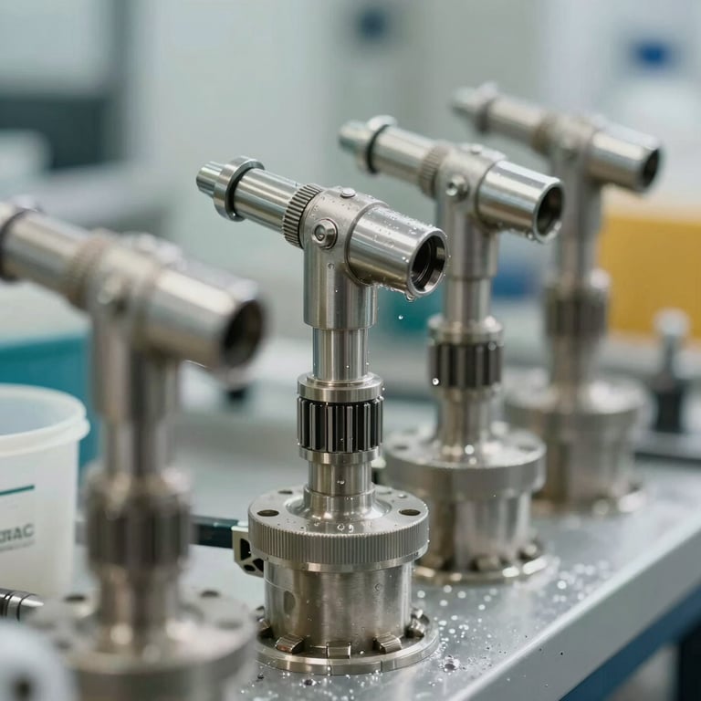 Close up of specialized washing nozzles and tools in a Mist White workshop setting, symbolizing reliability.