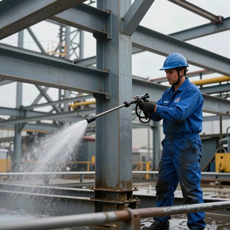 A technician in Coastal Steel Blue gear pressure washing a complex steel structure at a North American / US industrial site.