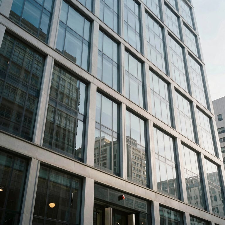 A clean commercial office building facade in a North American / US city, showing pristine glass and steel surfaces.