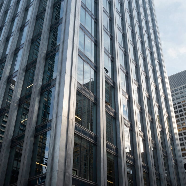 Sleek architectural lines of a modern skyscraper in a US tech hub, featuring reflective glass and silver metallic finishes.