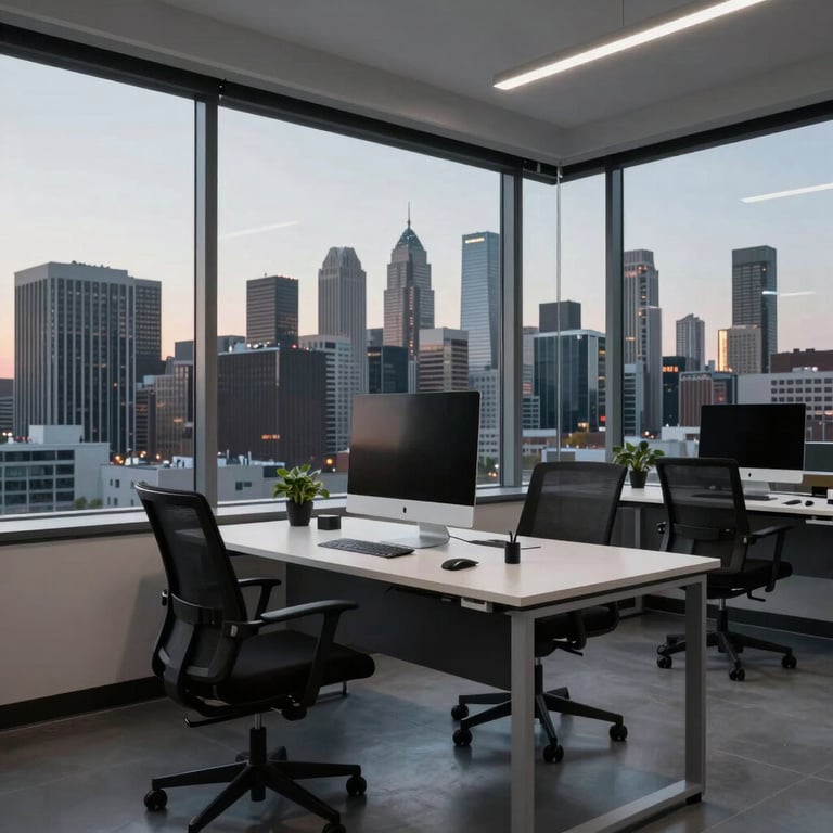 A wide shot of a clean, modern workspace overlooking a North American / US city skyline at dusk with silver and charcoal tones.