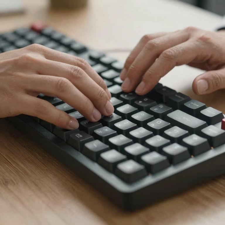Close-up of a person's hands typing on a premium mechanical keyboard in a sophisticated North American office setting.