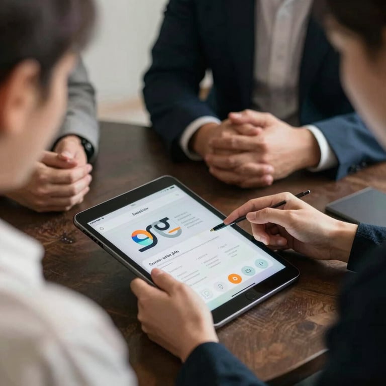 A collaborative discussion over a tablet displaying a sleek mobile application interface, with professional attire and soft lighting.