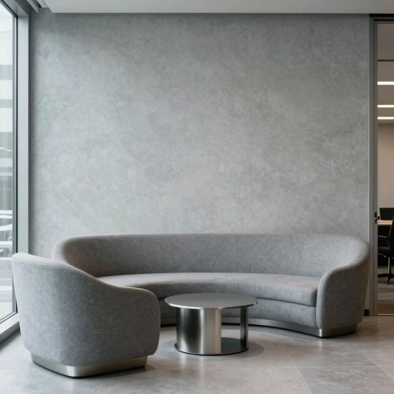 A minimalist office lounge area with textured light grey walls and silver design elements in a North American corporate building.