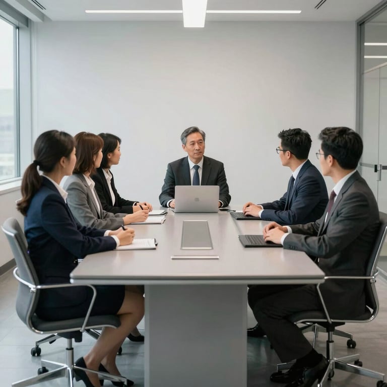 A professional team meeting in a bright, modern North American / US boardroom with minimalist silver furniture and light grey tones.