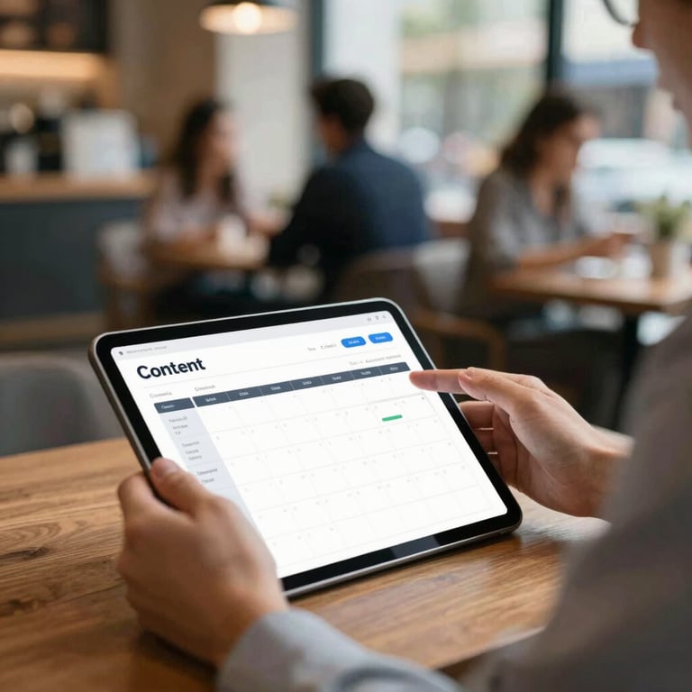 An agency strategist reviewing a content calendar on a tablet while sitting at a busy cafe, professional yet relaxed vibe.
