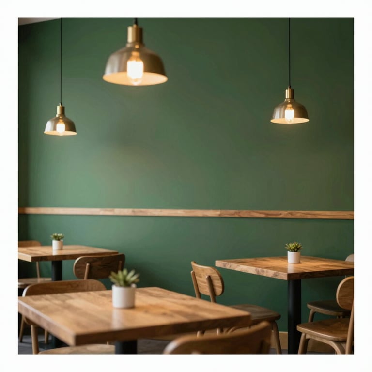 Interior of a minimalist Scandinavian bistro with warm wood tables, forest green walls (#364E3F), and glowing pendant lights.