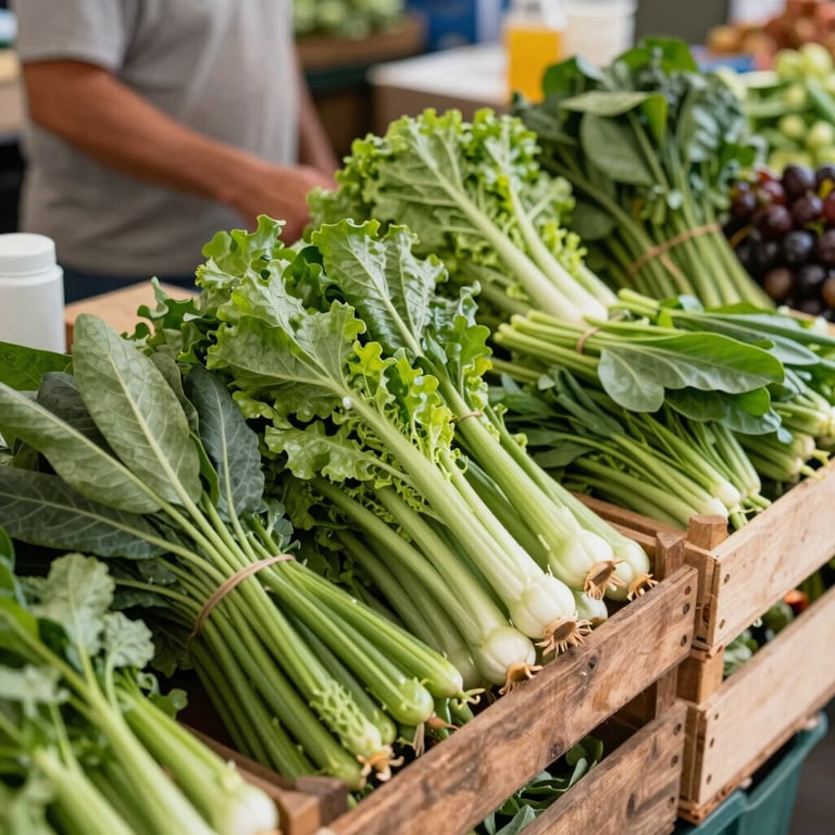 Overhead view of a farmer's market stall with fresh greens and wooden crates, clean and vibrant composition.