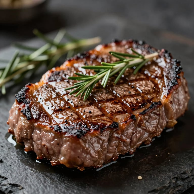 Macro shot of a perfectly seared steak with herbs, high-contrast lighting, sophisticated culinary style.