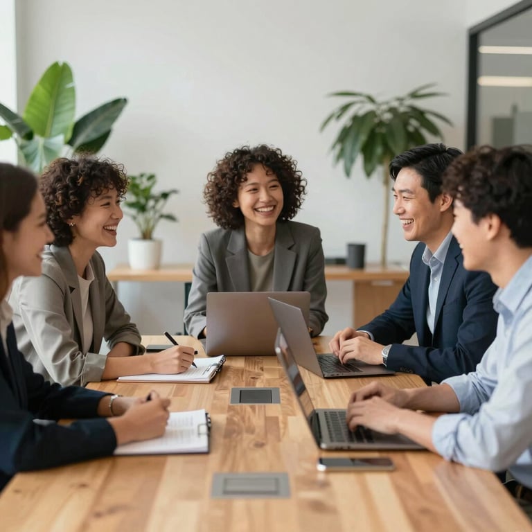 A group of diverse professionals laughing around a wooden conference table in a bright office filled with plants.