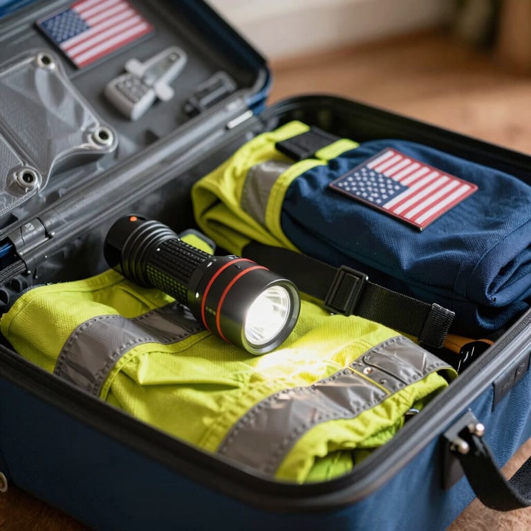 A close-up of a professional emergency preparedness kit featuring a flashlight and safety gear in a North American / US home setting.