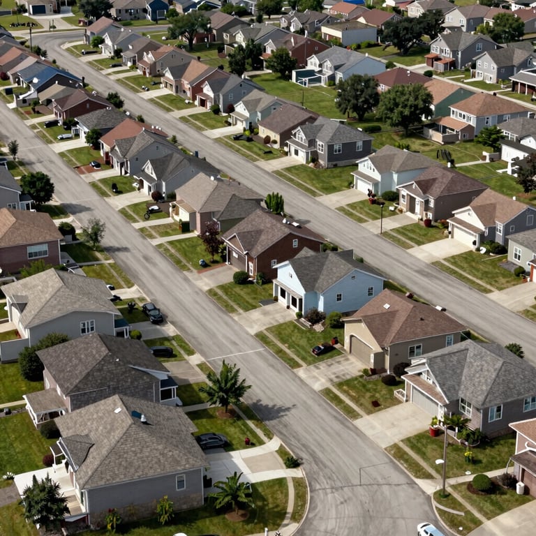Aerial view of a clean, modern suburban neighborhood in the North American / US, representing a safe and connected community.