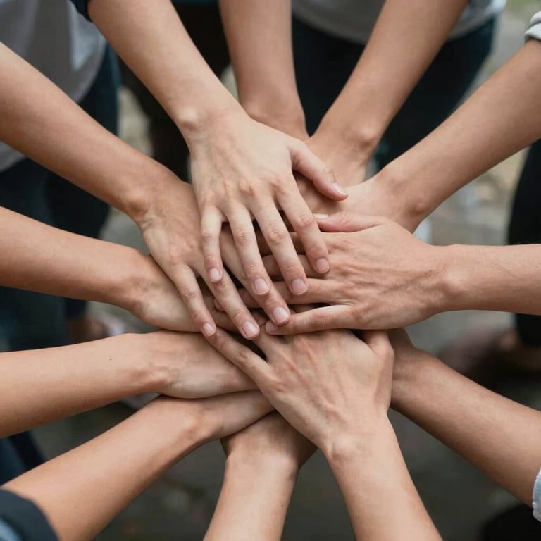 Detail shot of multiple hands of different people joining together in the center to represent unity and teamwork in service.