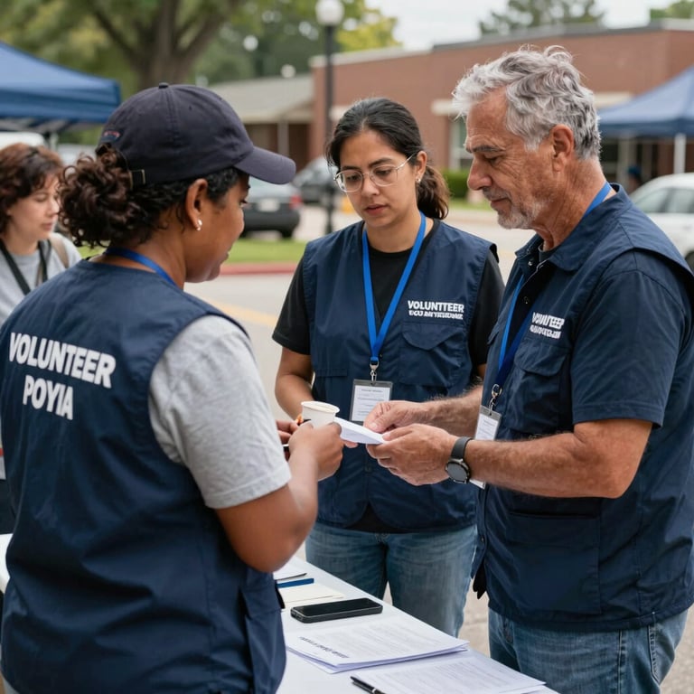 Volunteers in dark navy blue vests interacting with local citizens during a community outreach event in Ohio.